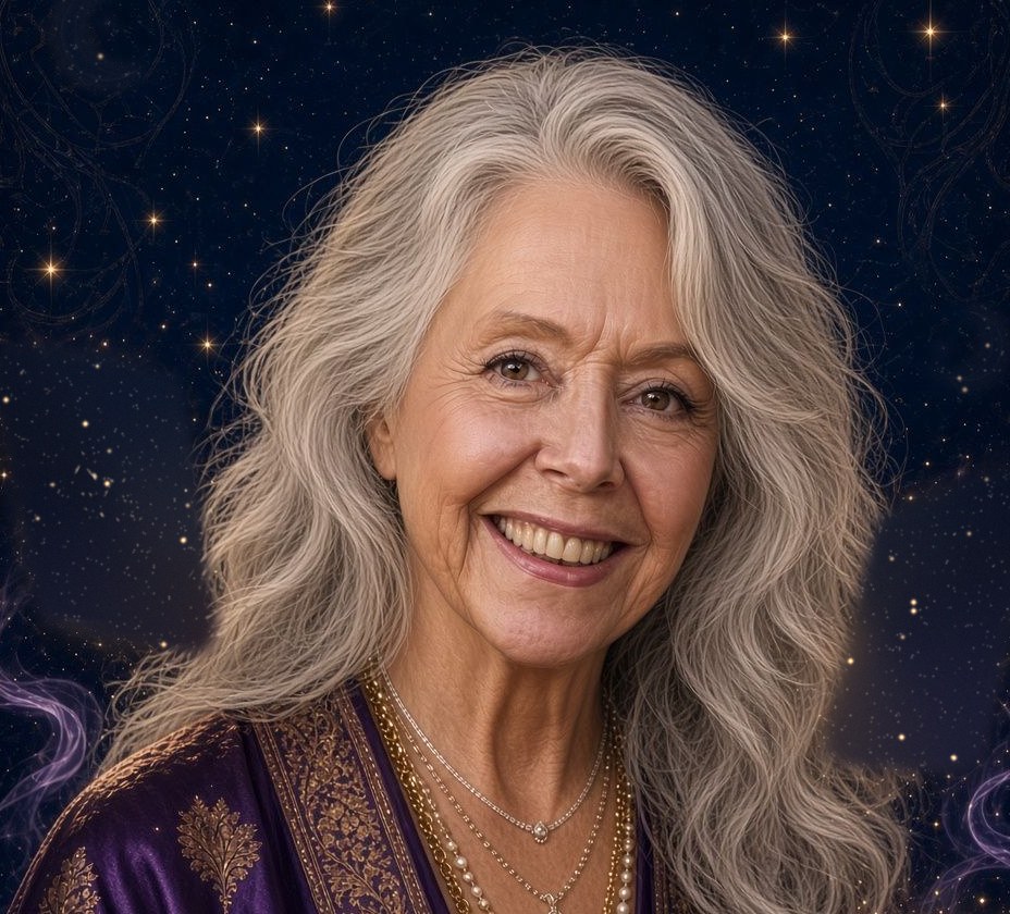 A portrait of Dianne: silver hair, a warm smile, and a purple and gold robe under a night sky of stars.